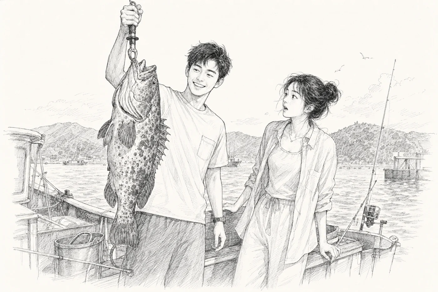 西贡海边钓起大石斑后的合影瞬间